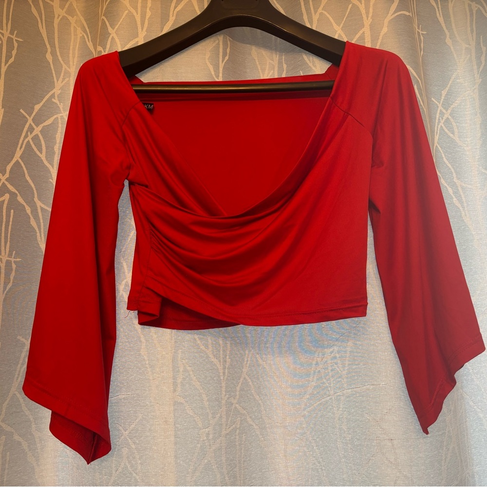 Red Asymmetrical Ruched Crop Blouse